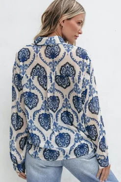 Online Dear-Lover Tribal Pattern Buttoned Front Loose Shirt Blue