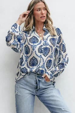 Online Dear-Lover Tribal Pattern Buttoned Front Loose Shirt Blue