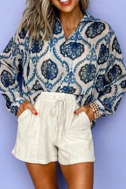 Online Dear-Lover Tribal Pattern Buttoned Front Loose Shirt Blue