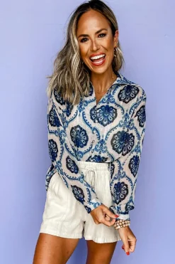 Online Dear-Lover Tribal Pattern Buttoned Front Loose Shirt Blue