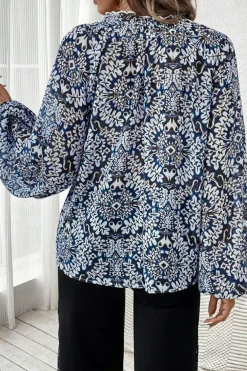 Discount Dear-Lover Tribal Print Lace-up Frilled Neck Puff Sleeve Blouse Blue