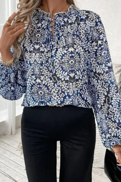Discount Dear-Lover Tribal Print Lace-up Frilled Neck Puff Sleeve Blouse Blue