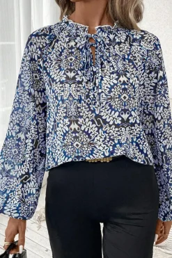 Discount Dear-Lover Tribal Print Lace-up Frilled Neck Puff Sleeve Blouse Blue