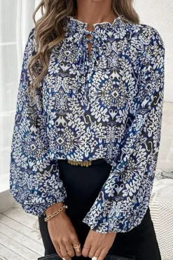 Discount Dear-Lover Tribal Print Lace-up Frilled Neck Puff Sleeve Blouse Blue