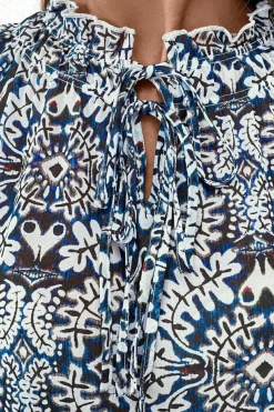 Discount Dear-Lover Tribal Print Lace-up Frilled Neck Puff Sleeve Blouse Blue