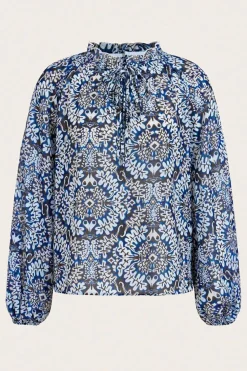 Discount Dear-Lover Tribal Print Lace-up Frilled Neck Puff Sleeve Blouse Blue