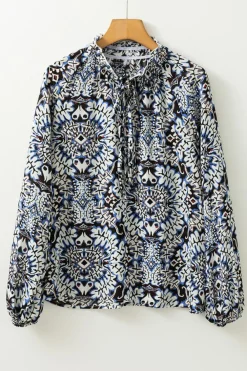 Discount Dear-Lover Tribal Print Lace-up Frilled Neck Puff Sleeve Blouse Blue