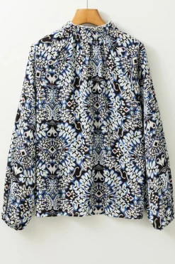Discount Dear-Lover Tribal Print Lace-up Frilled Neck Puff Sleeve Blouse Blue
