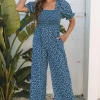Discount Dear-Lover Vintage Boho Floral Smocked Short Puff Sleeve Wide Leg Jumpsuit Blue