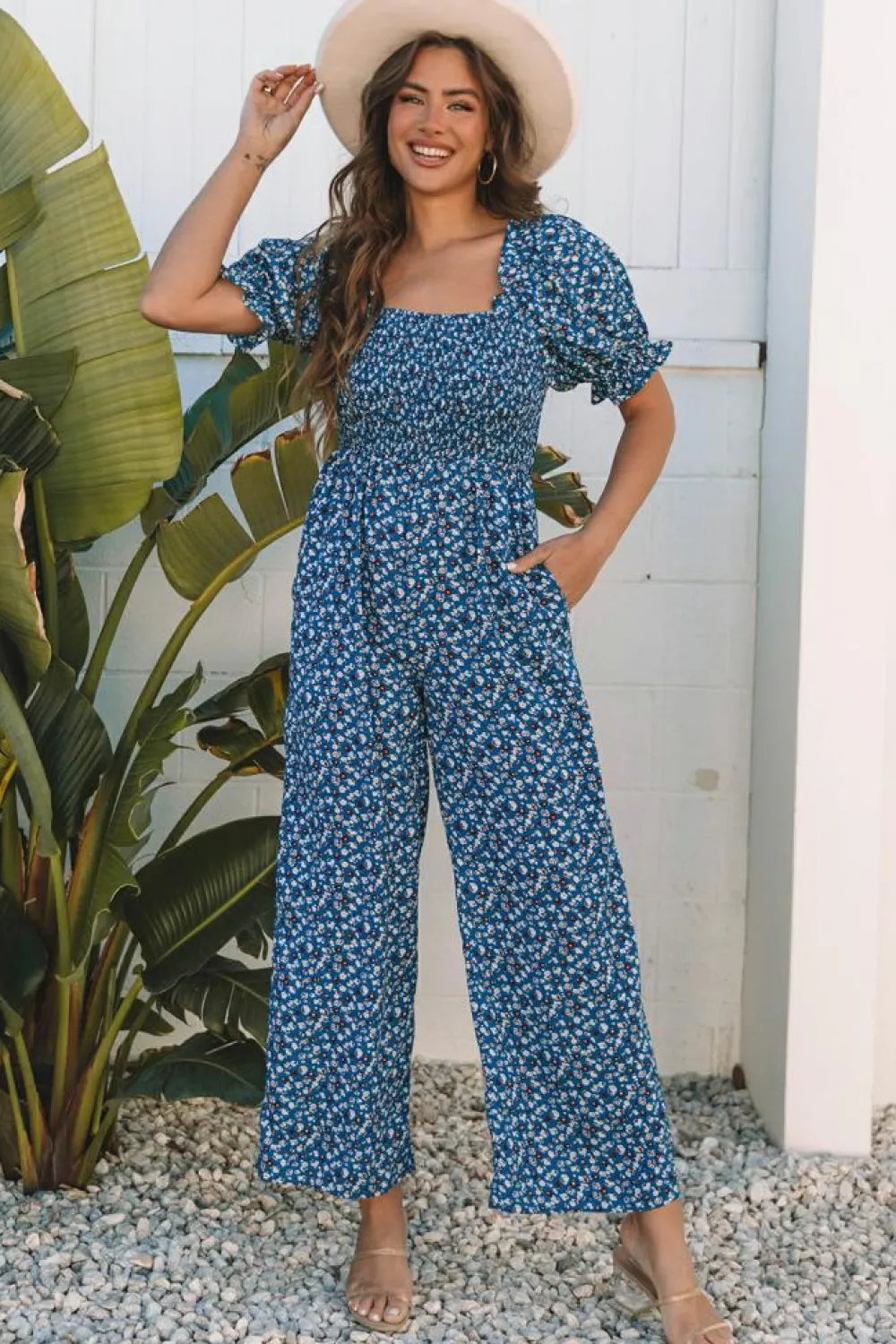 Discount Dear-Lover Vintage Boho Floral Smocked Short Puff Sleeve Wide Leg Jumpsuit Blue