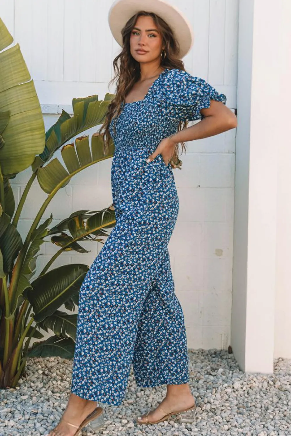 Discount Dear-Lover Vintage Boho Floral Smocked Short Puff Sleeve Wide Leg Jumpsuit Blue
