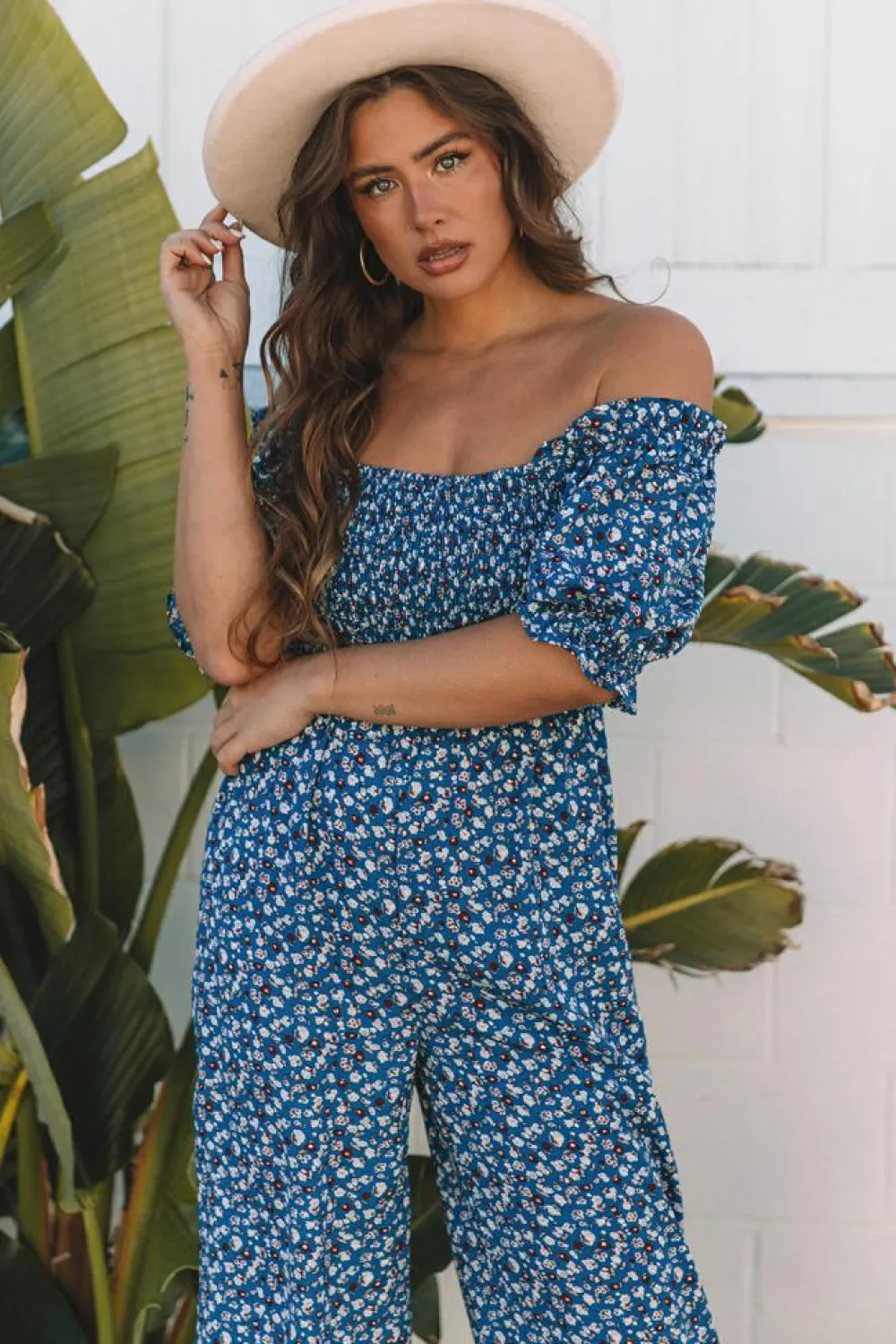 Discount Dear-Lover Vintage Boho Floral Smocked Short Puff Sleeve Wide Leg Jumpsuit Blue