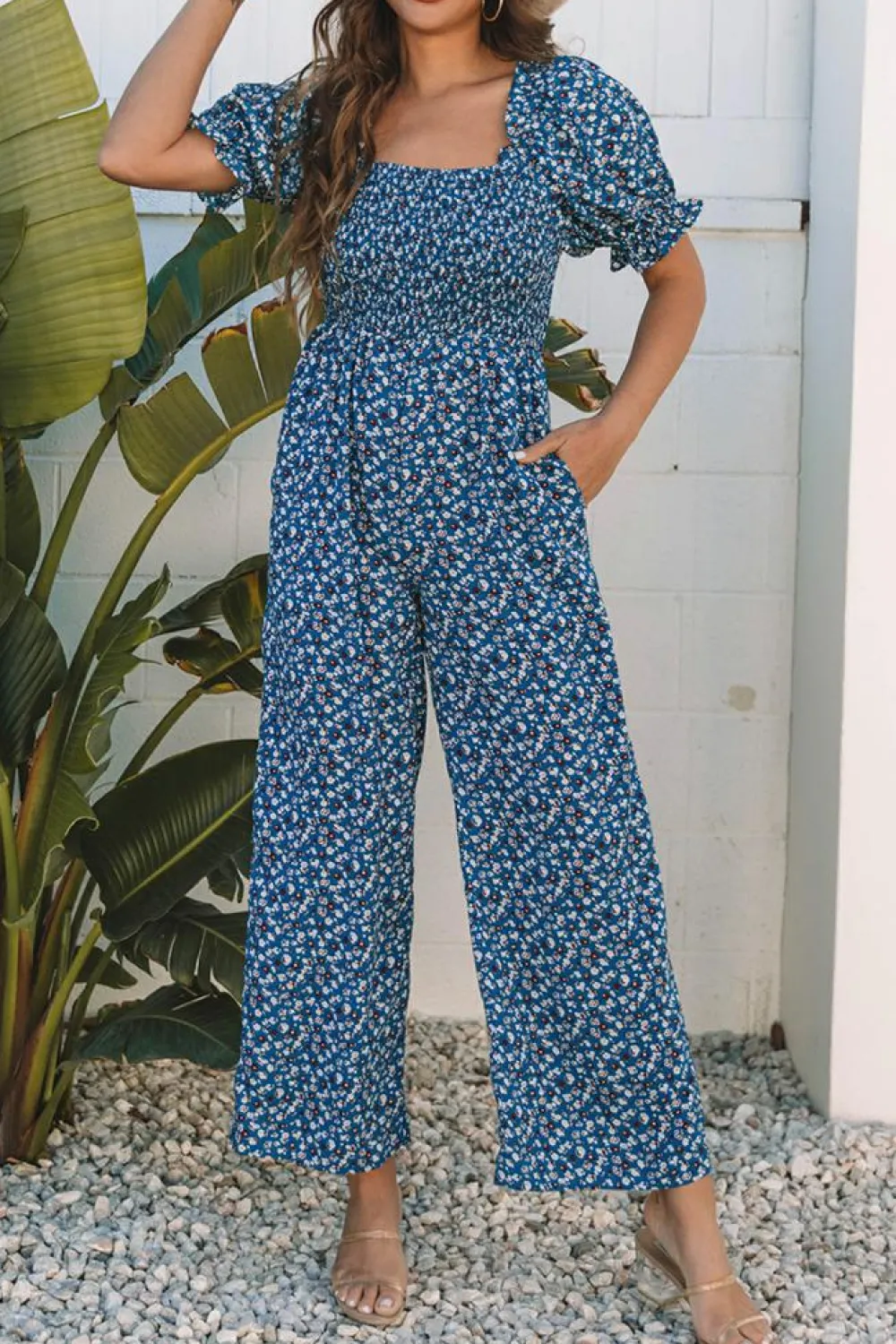 Discount Dear-Lover Vintage Boho Floral Smocked Short Puff Sleeve Wide Leg Jumpsuit Blue
