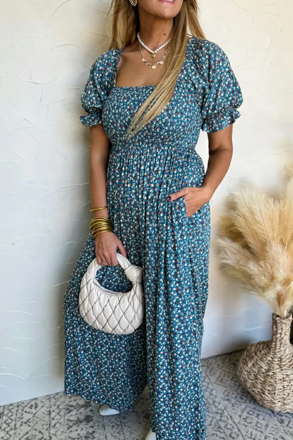 Discount Dear-Lover Vintage Boho Floral Smocked Short Puff Sleeve Wide Leg Jumpsuit Blue