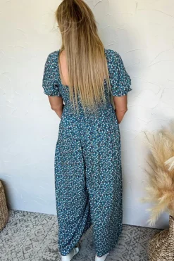 Discount Dear-Lover Vintage Boho Floral Smocked Short Puff Sleeve Wide Leg Jumpsuit Blue
