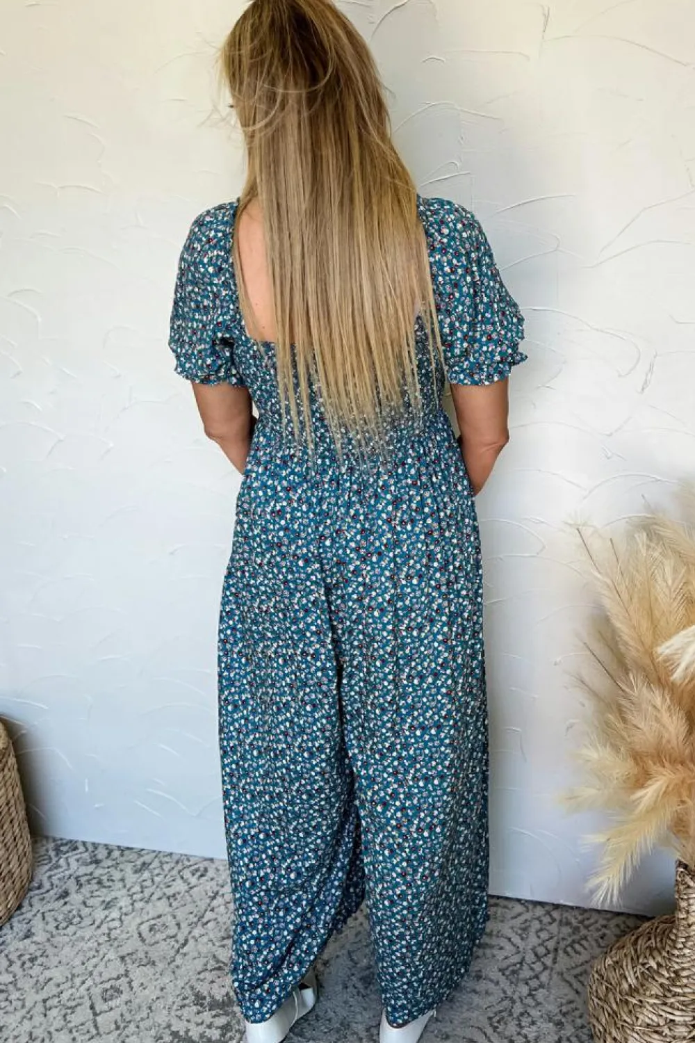 Discount Dear-Lover Vintage Boho Floral Smocked Short Puff Sleeve Wide Leg Jumpsuit Blue