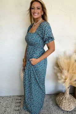 Discount Dear-Lover Vintage Boho Floral Smocked Short Puff Sleeve Wide Leg Jumpsuit Blue