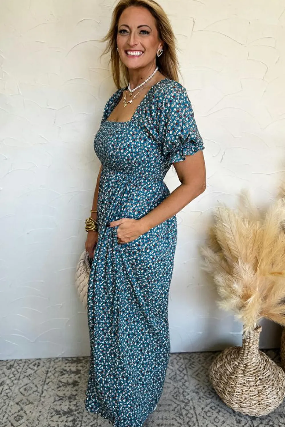 Discount Dear-Lover Vintage Boho Floral Smocked Short Puff Sleeve Wide Leg Jumpsuit Blue