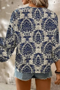 Best Dear-Lover Vintage Flower Tree Quarter Sleeve V Neck Blouse Blue