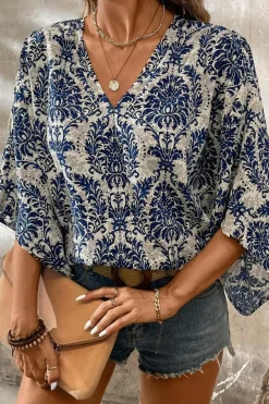 Best Dear-Lover Vintage Flower Tree Quarter Sleeve V Neck Blouse Blue