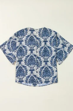 Best Dear-Lover Vintage Flower Tree Quarter Sleeve V Neck Blouse Blue