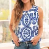 New Dear-Lover Vintage Print Pintuck Crew Neck Tank Top Blue
