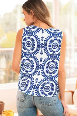 New Dear-Lover Vintage Print Pintuck Crew Neck Tank Top Blue