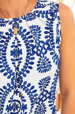 New Dear-Lover Vintage Print Pintuck Crew Neck Tank Top Blue