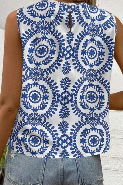 New Dear-Lover Vintage Print Pintuck Crew Neck Tank Top Blue