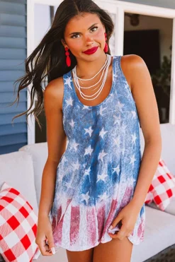 Online Dear-Lover Vintage Washed Flag Print Shift Tank Top Blue