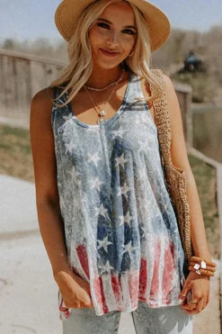 Online Dear-Lover Vintage Washed Flag Print Shift Tank Top Blue