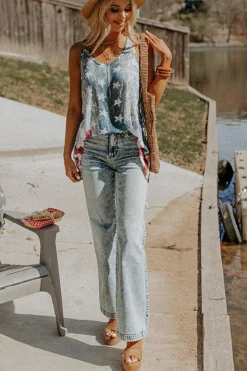 Online Dear-Lover Vintage Washed Flag Print Shift Tank Top Blue