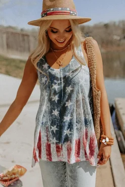 Online Dear-Lover Vintage Washed Flag Print Shift Tank Top Blue