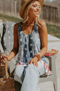Online Dear-Lover Vintage Washed Flag Print Shift Tank Top Blue