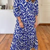 Outlet Dear-Lover Western Abstract Geometric Printed Maxi Dress Blue