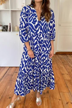 Outlet Dear-Lover Western Abstract Geometric Printed Maxi Dress Blue