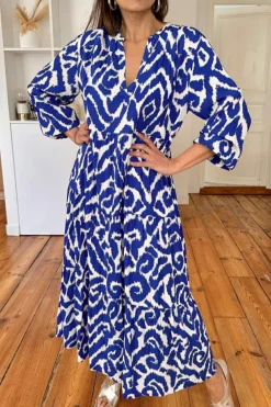 Outlet Dear-Lover Western Abstract Geometric Printed Maxi Dress Blue