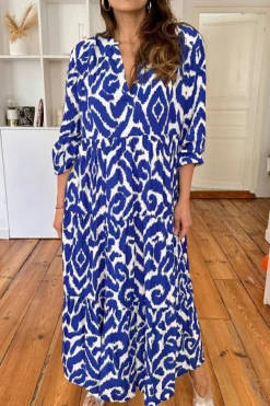 Outlet Dear-Lover Western Abstract Geometric Printed Maxi Dress Blue