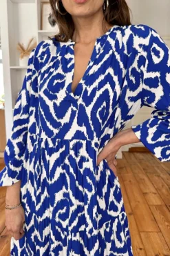 Outlet Dear-Lover Western Abstract Geometric Printed Maxi Dress Blue