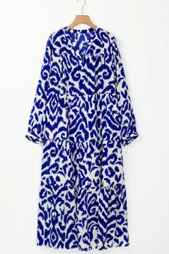 Outlet Dear-Lover Western Abstract Geometric Printed Maxi Dress Blue
