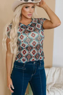 Sale Dear-Lover Western Aztec Print Mesh Slim T Shirt Blue