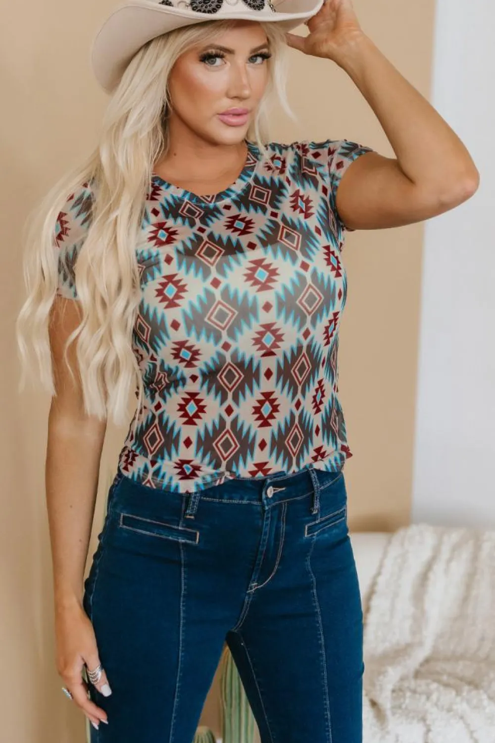 Sale Dear-Lover Western Aztec Print Mesh Slim T Shirt Blue