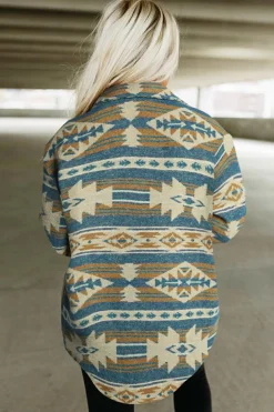 Clearance Dear-Lover Western Aztec Print Button Flap Pocket Shacket Blue