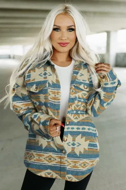 Clearance Dear-Lover Western Aztec Print Button Flap Pocket Shacket Blue