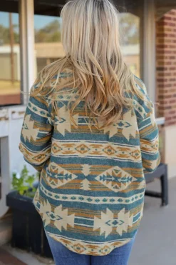 Clearance Dear-Lover Western Aztec Print Button Flap Pocket Shacket Blue