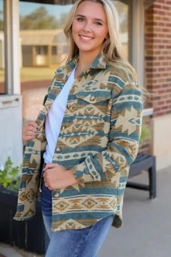 Clearance Dear-Lover Western Aztec Print Button Flap Pocket Shacket Blue
