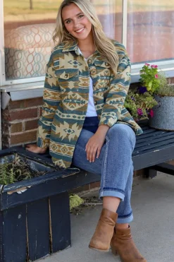 Clearance Dear-Lover Western Aztec Print Button Flap Pocket Shacket Blue