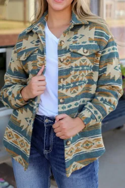 Clearance Dear-Lover Western Aztec Print Button Flap Pocket Shacket Blue