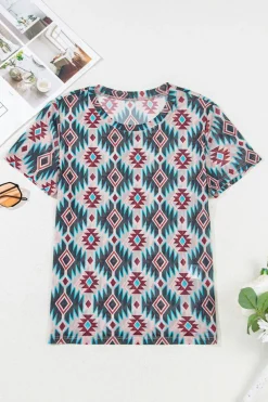 Sale Dear-Lover Western Aztec Print Mesh Slim T Shirt Blue