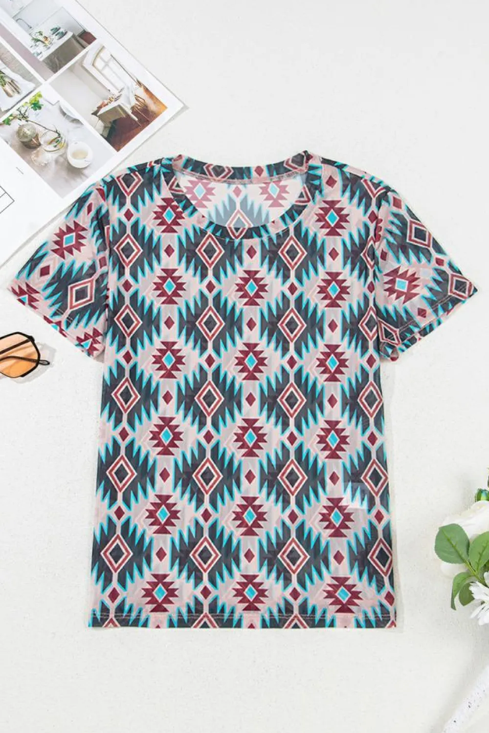 Sale Dear-Lover Western Aztec Print Mesh Slim T Shirt Blue